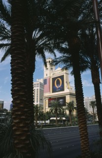 USA, Nevada, Las Vegas, Bellagio hotel sign advertising the ‘ O ‘ water based entertainment show