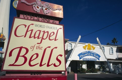 USA, Nevada, Las Vegas, World famous Chapel of the Bells wedding chapel sign