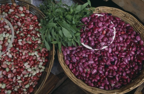 MEXICO, Chiapas, San Cristobal de Las Casas, "Pink, white and red shelled beans displayed in