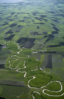 ETHIOPIA, South West, Landscape, Aerial view over river meandering through agricultural land.