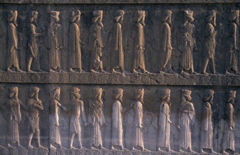 IRAN, South, Persepolis, Fifth century BC Archaemenid palace complex.  Detail of relief carving on