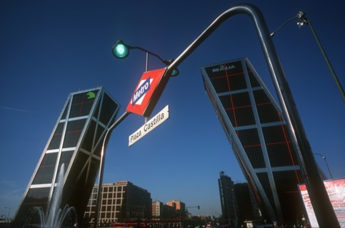 SPAIN, Madrid, Paseo de La Castellana. Puerta de Europa office complex at entrance to business