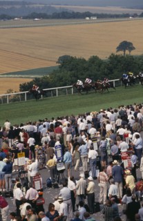 20026915 ENGLAND West Sussex Goodwood Crowds and line of bookmakers watching horse race at Goodwood racecourse on the South Downs.