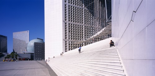 FRANCE, Ile de France, Paris, "La Defense.  The Grande Arche de La Defense, people on flight of