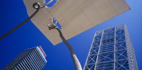 SPAIN, Catalonia, Barcelona, Torre Mapfre and Hotel Arts Barcelona seen from below looking up