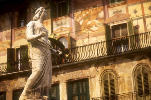 ITALY, Veneto, Verona, "Piazza della Erbe.  Detail of the Fountain of Madonna, statue of female