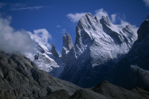 PAKISTAN, Karakoram Range, Trango Towers mountain peak and Balforo Glacier.