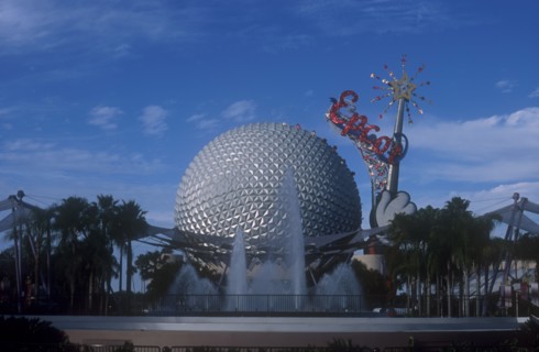 USA, Florida, Orlando, Walt Disney World Epcot. View of the Spaceship Earth with sparkling red
