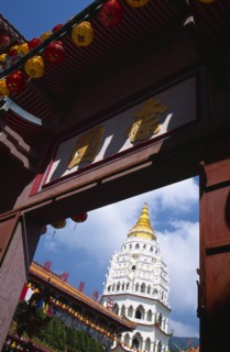 MALAYSIA, Penang, Kek Lok Si Temple, "Ban Po, the Pagoda of a Thousand Buddhas framed by doorway