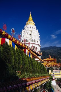 MALAYSIA, Penang, Kek Lok Si Temple, "View along lines of plants and strings of Chinese lanterns