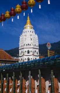 MALAYSIA, Penang, Kek Lok Si Temple, "Covered colonnade with line of standing Buddha figures and