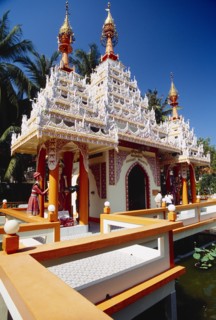 MALAYSIA, Penang, Georgetown, Dharmikarama Burmese Temple.  Exterior with ornate carved roof and