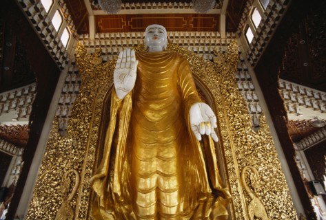 MALAYSIA, Penang, Georgetown, Dharmikarama Burmese Temple.  Interior with large standing Buddha