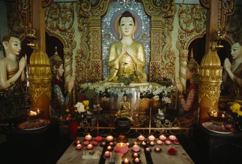 MALAYSIA, Penang, Georgetown, Dharmikarama Burmese Temple.  Interior with pink lotus flower shaped