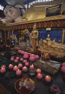 MALAYSIA, Penang, Georgetown, Wat Chayamangkalaram.  Interior.  Part view of  reclining Buddha