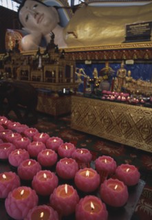 MALAYSIA, Penang, Georgetown, Wat Chayamangkalaram.  Interior.  Part view of  reclining Buddha with
