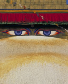 NEPAL, Kathmandu, Bodnath Temple detail of roof and eyes