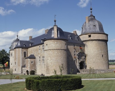 BELGIUM, Ardenne, Lavaux-Sainte-Anne , Medieval Chateau a stone building with a black roof and