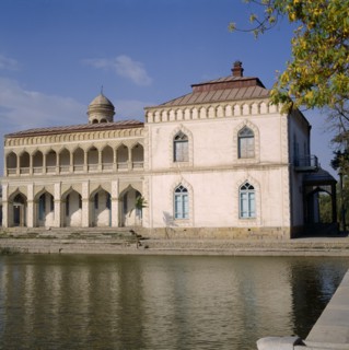 UZBEKISTAN , Bukhara, The Summer Palace. The harem building with bathing pool in foreground