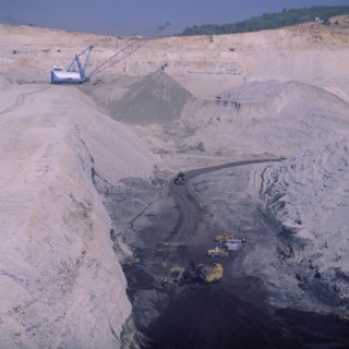 TURKEY, Yatagan, "Opencast coal mine, deep quarry, loaded trucks, working crane "