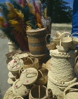 WEST INDIES , Puerto Rico, San Juan, Display of wicker baskets and coloured pampas grasses