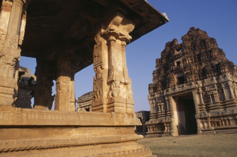INDIA, Karnataka, Hampi, Ruins of Vijayanagar ancient capital.  Partial view of the exterior of
