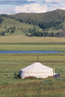 MONGOLIA, Khentii Province, General, Ger or yurt beside lake