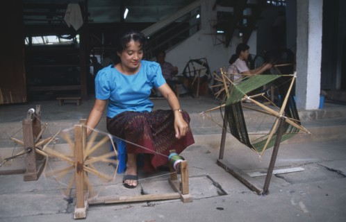 LAOS, Vientiane, Traditional silk weaver