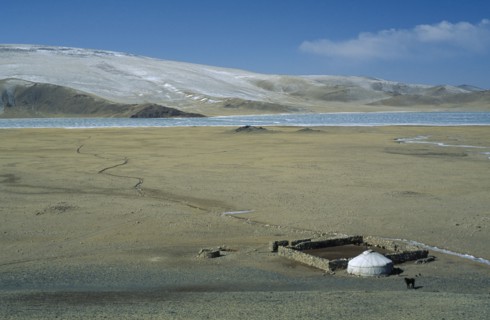 MONGOLIA, Bayan Olgii Province, View over Kazakh nomad camp with single yurt and surrounding