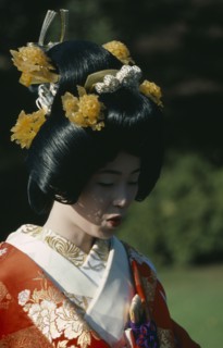 JAPAN, Honshu, Tokyo, Shinto wedding with bride in traditional dress and elaborate hairstyle