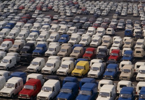 FRANCE, Ile de France, Paris, Gennevilliers. Stock of Renault cars parked together.