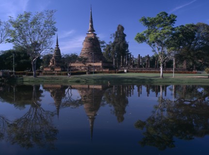 THAILAND, North, Sukhothai Province, Sukhothai Historical Park. Wat Sra Sri on island with