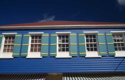 WEST INDIES, French Antilles, St Barthelemy, Gustavia.  Brightly painted town house.