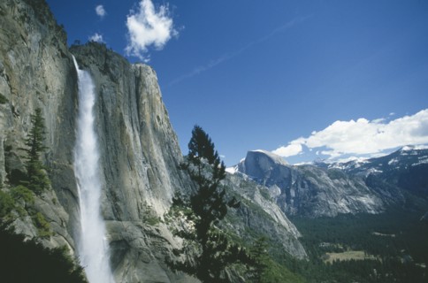 USA, California, Yosemite Nat. Park, Upper Yosemite Falls cascading over granite valley walls.