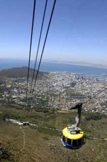 SOUTH AFRICA, Western Cape, Cape Town, Aerial view of cable car high above the city with views of
