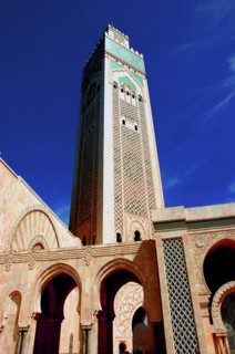 MOROCCO, Casablanca, Angled view looking up at the tower of Hassan II Mosque