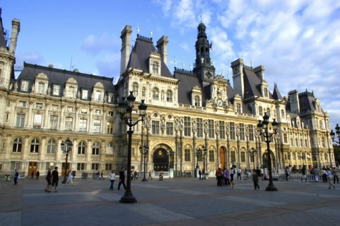 FRANCE, Ile de France, Paris, Hotel de Ville with elaborate turrets and stonework overlooking a