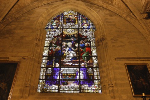 SPAIN, Andalucia, Seville, Stained glass window of Seville Cathedral