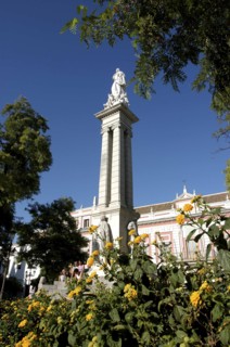 SPAIN, Andalucia, Seville, Plaza del Triunfo with statue a top of tall column