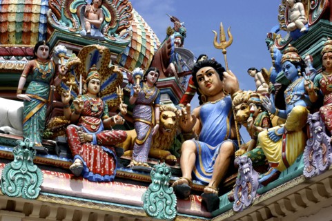 SINGAPORE, Central, Chinatown, Sri Mariamman Temple. Detail of brightly coloured Hindu carvings