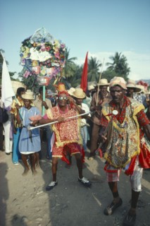 HAITI, Religion, Voodoo Ra Ra dancers. The Voodoo years comes to a climax at Lent and Easter