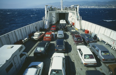 ITALY, Sicily, Messina, Car ferry from Reggio di Calabria approaching Sicily across the Straits of