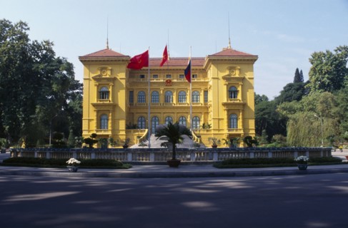 VIETNAM, North, Hanoi, The Presidential Palace yellow painted exterior facade.