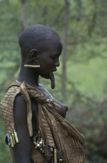 ETHIOPIA, Body Decoration, Mursi tribeswoman wearing multiple earrings in stretched earlobe with
