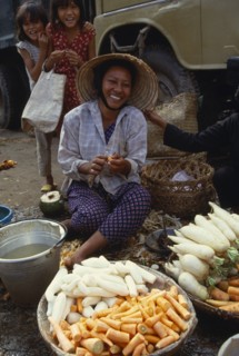 VIETNAM, South, Saigon, Smiling woman cleaning vegetables at a street market