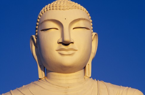 SRI LANKA, Anuradhapura, Buddha in monastery.  Detail of head.