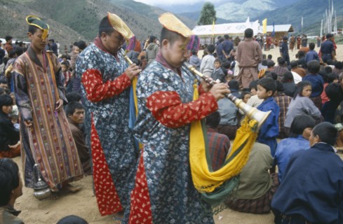 BHUTAN, Festivals, Procession of priests with horns at Padmasambhava festival