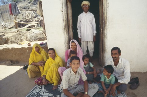 INDIA, Rajasthan, Udaipur, Three generations of extended family near Udaipur.