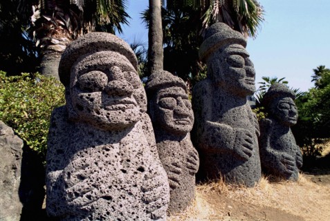 SOUTH KOREA, Cheju do Island, Tolharubang grandfather stones carved from lava rock which are