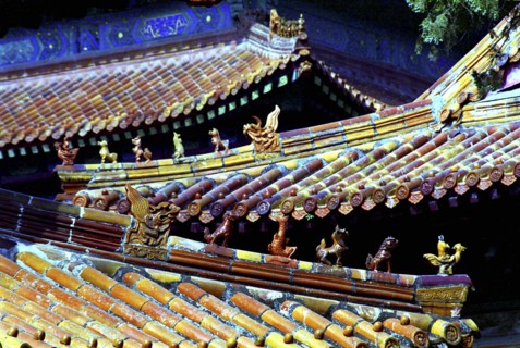 CHINA, Shandong, Qufu, View along line of traditional style rooves with decorative features in the